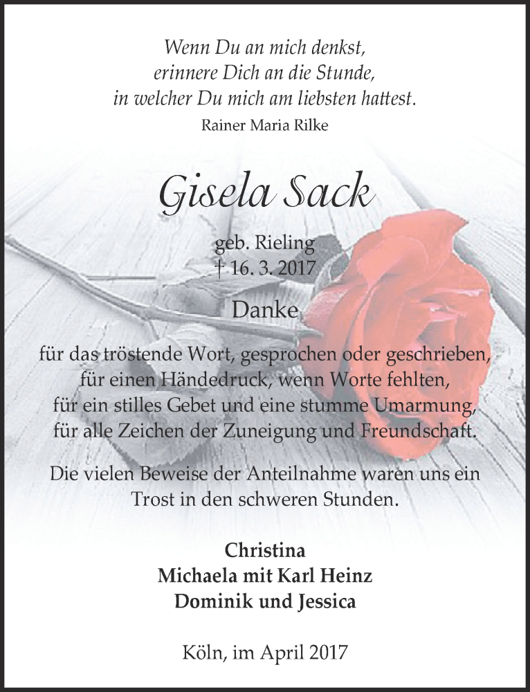  Traueranzeige für Gisela Sack vom 05.04.2017 aus  Kölner Wochenspiegel 