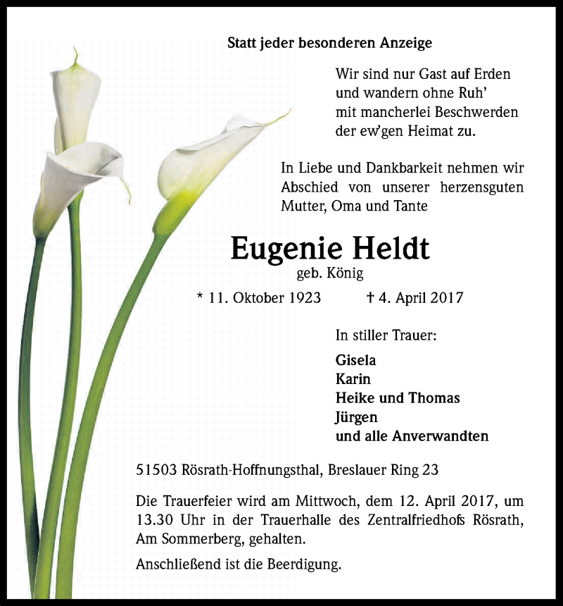  Traueranzeige für Eugenie Heldt vom 08.04.2017 aus Kölner Stadt-Anzeiger / Kölnische Rundschau / Express