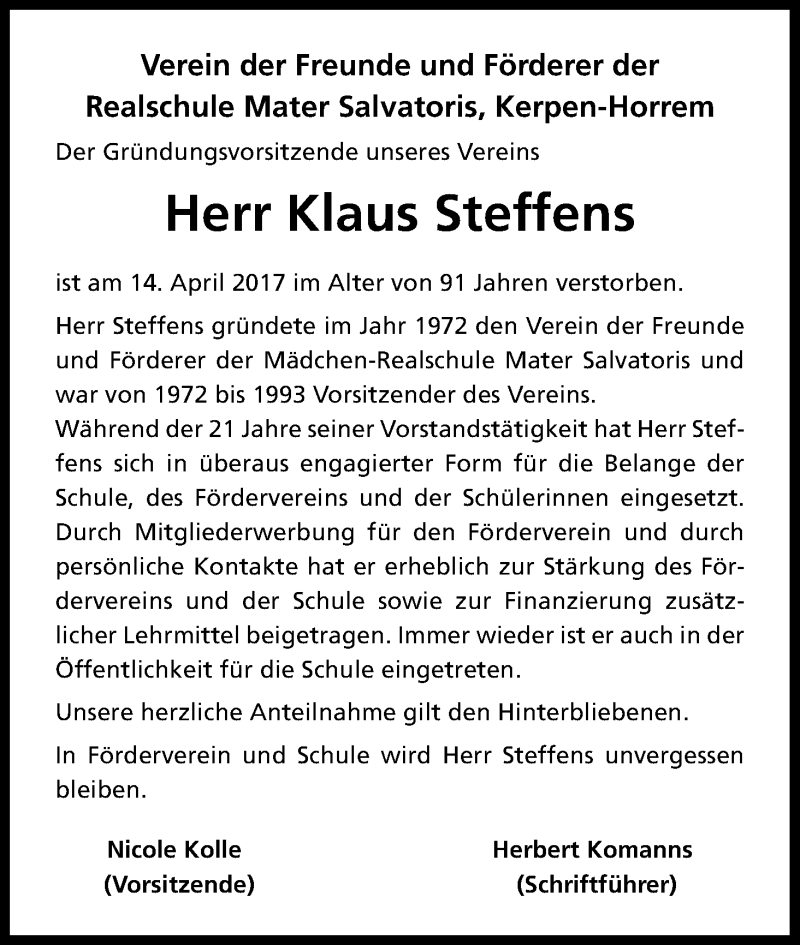  Traueranzeige für Klaus Steffens vom 29.04.2017 aus Kölner Stadt-Anzeiger / Kölnische Rundschau / Express