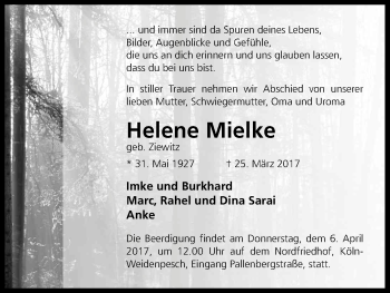 Anzeige von Helene Mielke von Kölner Stadt-Anzeiger / Kölnische Rundschau / Express