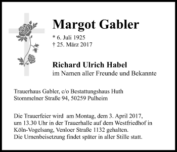 Anzeige von Margot Gabler von Kölner Stadt-Anzeiger / Kölnische Rundschau / Express