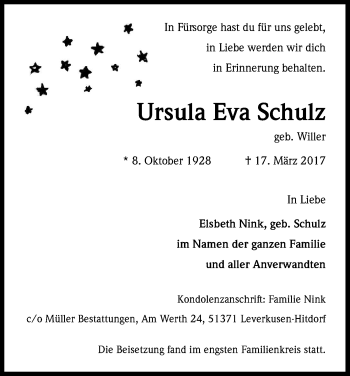 Anzeige von Ursula Schulz von Kölner Stadt-Anzeiger / Kölnische Rundschau / Express