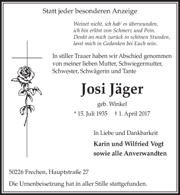 Anzeige von Josi Jäger von  Sonntags-Post 