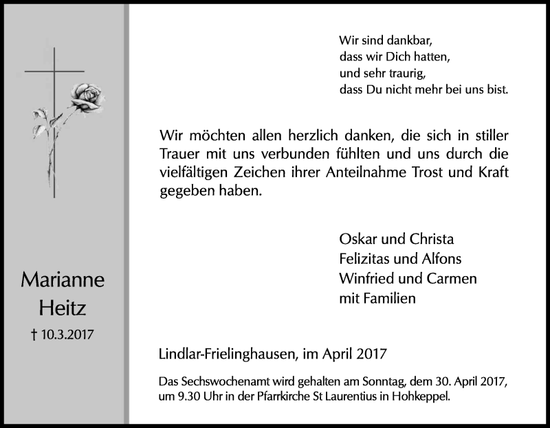  Traueranzeige für Marianne Heitz vom 22.04.2017 aus Kölner Stadt-Anzeiger / Kölnische Rundschau / Express