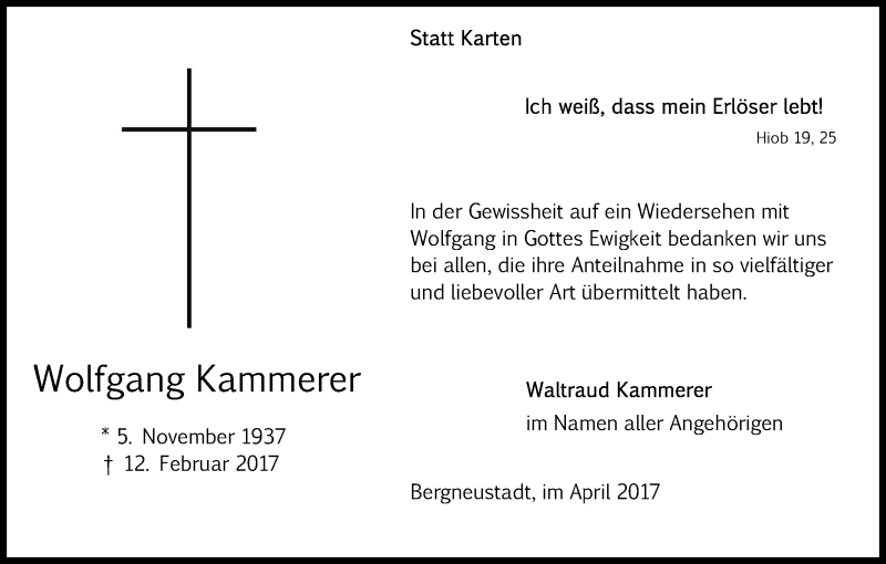  Traueranzeige für Wolfgang Kammerer vom 29.04.2017 aus Kölner Stadt-Anzeiger / Kölnische Rundschau / Express