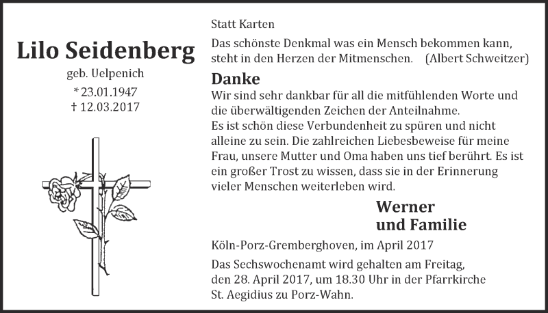 Traueranzeige für Lilo Seidenberg vom 12.04.2017 aus  Kölner Wochenspiegel 