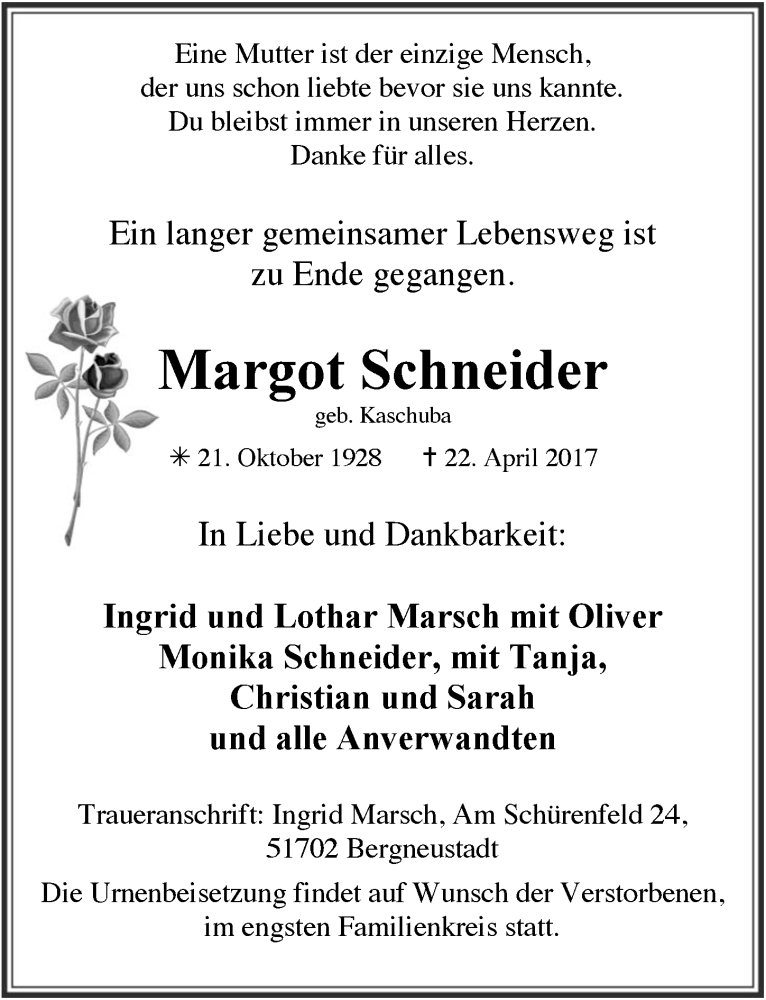  Traueranzeige für Margot Schneider vom 26.04.2017 aus  Anzeigen Echo 