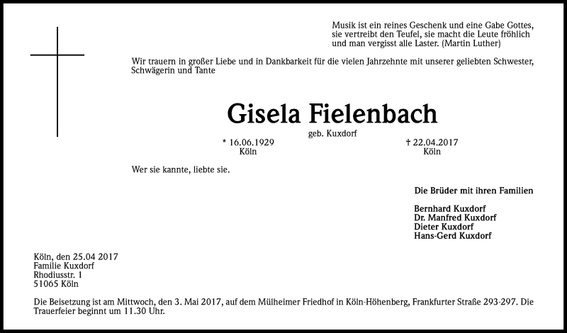  Traueranzeige für Gisela Fielenbach vom 29.04.2017 aus Kölner Stadt-Anzeiger / Kölnische Rundschau / Express