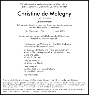 Anzeige von Christine de Meleghy von Kölner Stadt-Anzeiger / Kölnische Rundschau / Express