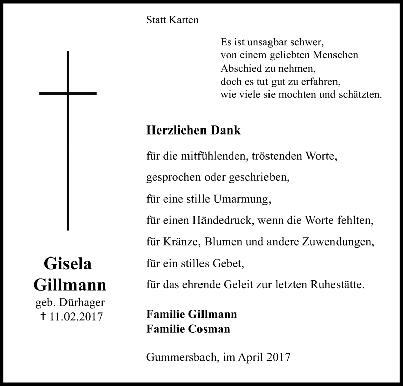  Traueranzeige für Gisela Gillmann vom 01.04.2017 aus Kölner Stadt-Anzeiger / Kölnische Rundschau / Express