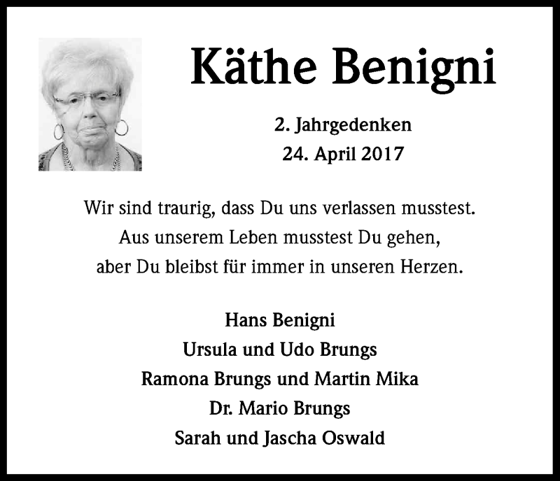  Traueranzeige für Käthe Benigni vom 24.04.2017 aus Kölner Stadt-Anzeiger / Kölnische Rundschau / Express