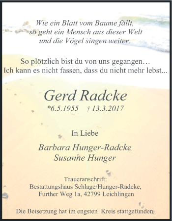 Anzeige von Gerd Radcke von Kölner Stadt-Anzeiger / Kölnische Rundschau / Express