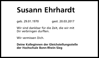 Anzeige von Susann Ehrhardt von Kölner Stadt-Anzeiger / Kölnische Rundschau / Express