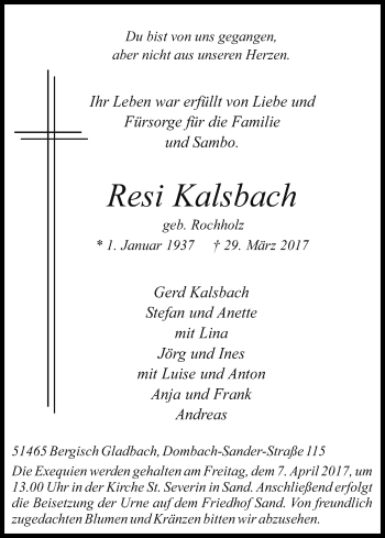 Anzeige von Resi Kalsbach von Kölner Stadt-Anzeiger / Kölnische Rundschau / Express