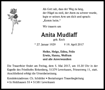 Anzeige von Anita Mudlaff von Kölner Stadt-Anzeiger / Kölnische Rundschau / Express