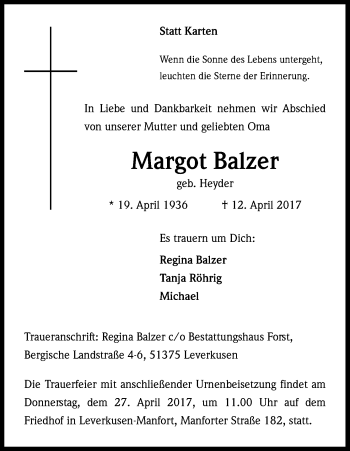 Anzeige von Margot Balzer von Kölner Stadt-Anzeiger / Kölnische Rundschau / Express