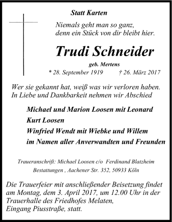 Anzeige von Trudi Schneider von Kölner Stadt-Anzeiger / Kölnische Rundschau / Express