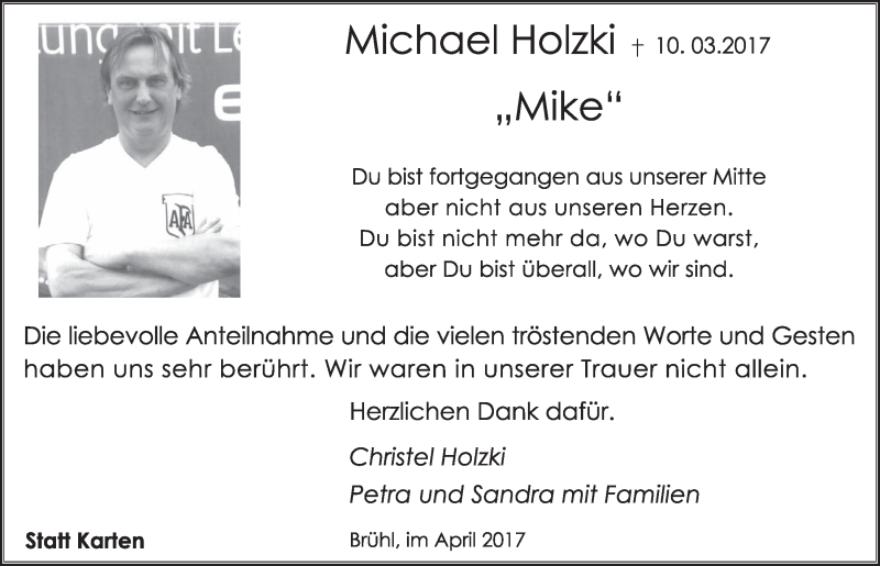  Traueranzeige für Michael Holzki vom 05.04.2017 aus  Schlossbote/Werbekurier 