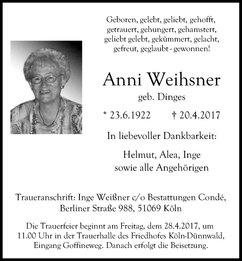  Traueranzeige für Anni Weihsner vom 26.04.2017 aus Kölner Stadt-Anzeiger / Kölnische Rundschau / Express