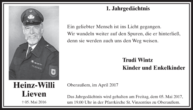  Traueranzeige für Heinz-Willi Wintz vom 29.04.2017 aus  Sonntags-Post 