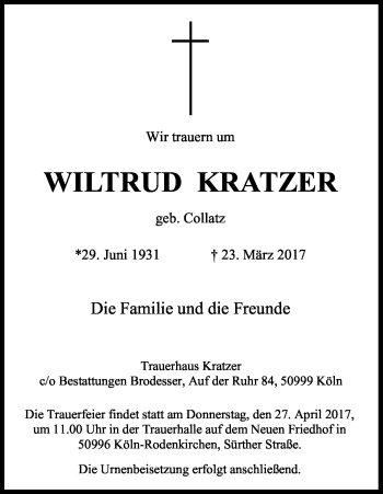 Anzeige von Wiltrud Kratzer von Kölner Stadt-Anzeiger / Kölnische Rundschau / Express