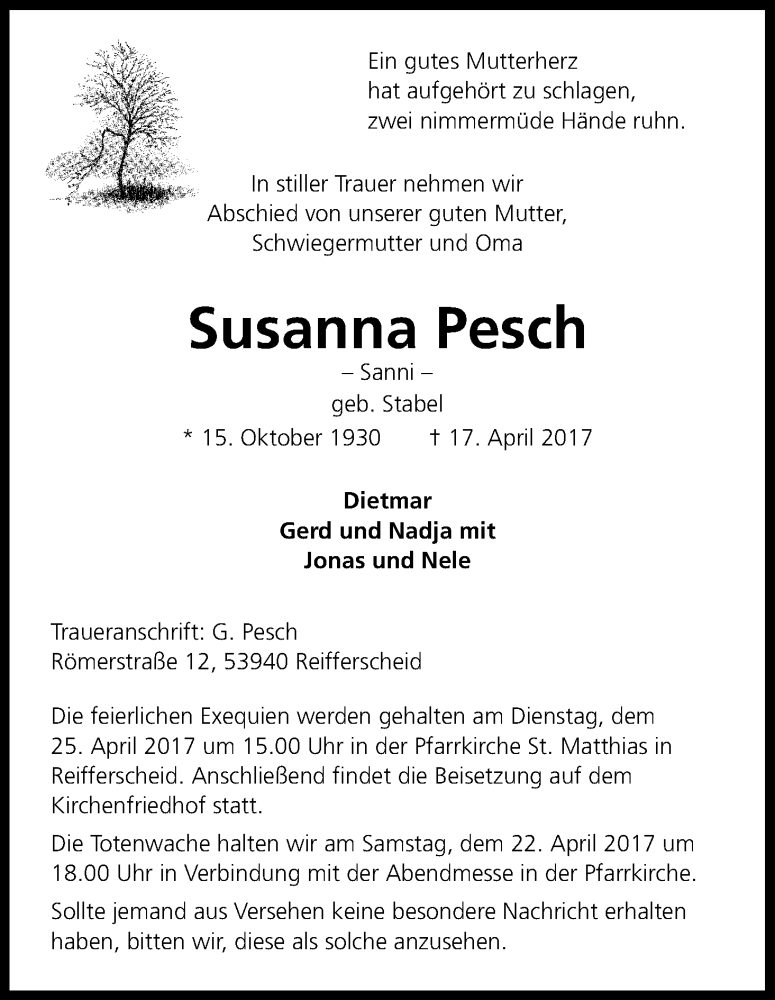  Traueranzeige für Susanna Pesch vom 20.04.2017 aus Kölner Stadt-Anzeiger / Kölnische Rundschau / Express