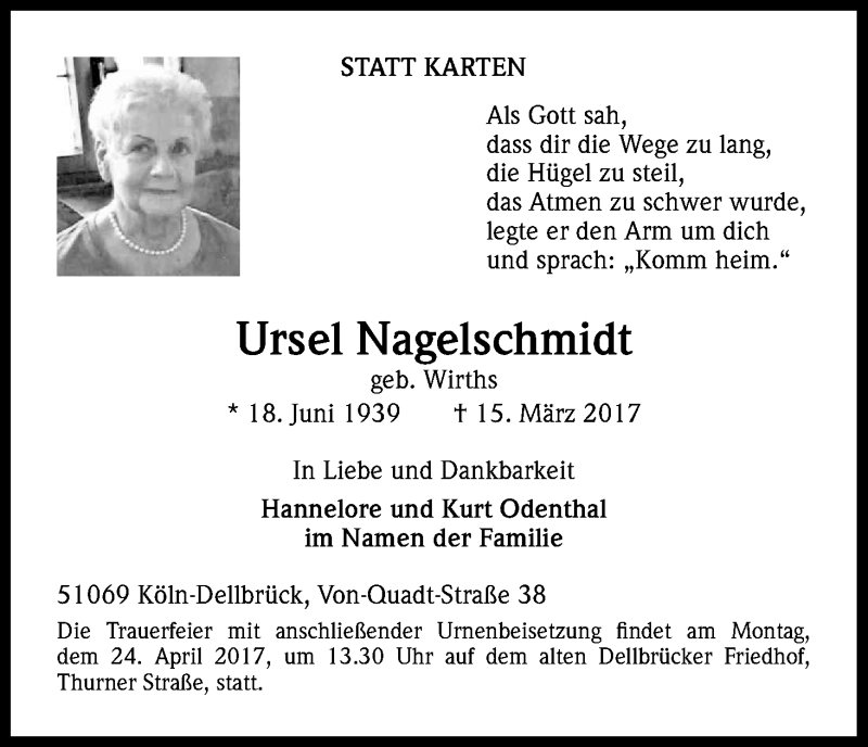  Traueranzeige für Ursel Nagelschmidt vom 08.04.2017 aus Kölner Stadt-Anzeiger / Kölnische Rundschau / Express