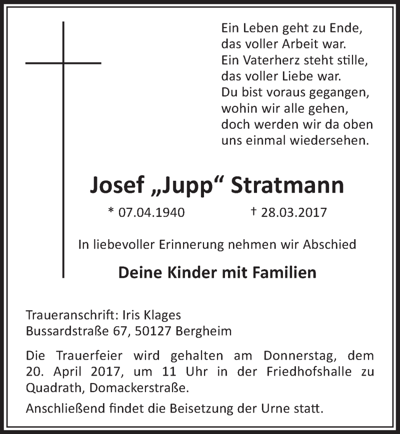  Traueranzeige für Josef  Stratmann vom 15.04.2017 aus  Sonntags-Post 