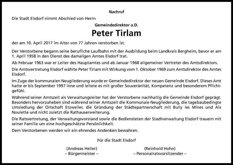  Traueranzeige für Peter Tirlam vom 15.04.2017 aus Kölner Stadt-Anzeiger / Kölnische Rundschau / Express
