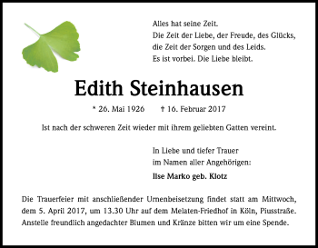 Anzeige von Edith Steinhausen von Kölner Stadt-Anzeiger / Kölnische Rundschau / Express