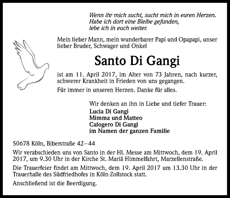  Traueranzeige für Santo Di Gangi vom 15.04.2017 aus Kölner Stadt-Anzeiger / Kölnische Rundschau / Express