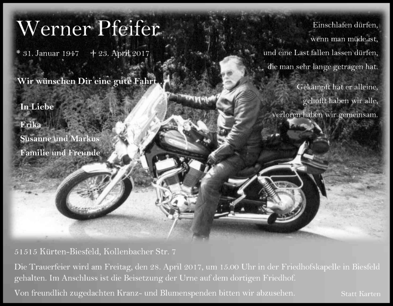  Traueranzeige für Werner Pfeifer vom 26.04.2017 aus Kölner Stadt-Anzeiger / Kölnische Rundschau / Express