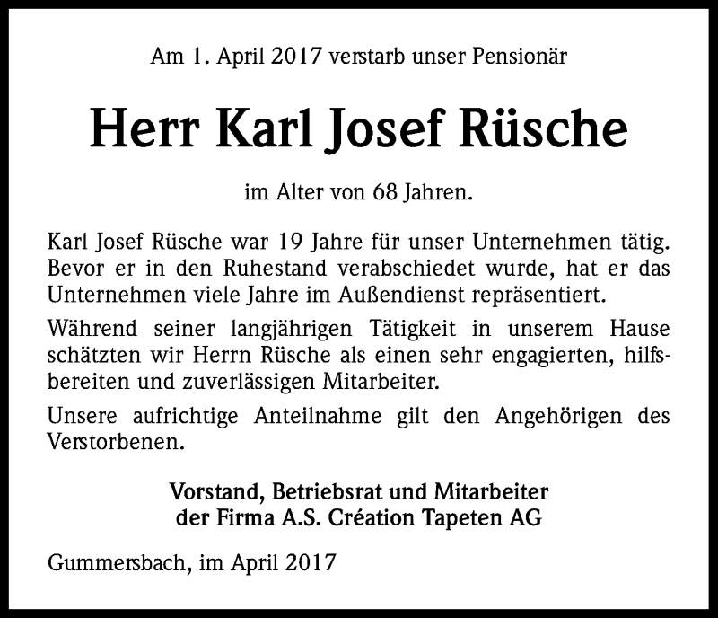  Traueranzeige für Karl Josef Rüsche vom 07.04.2017 aus Kölner Stadt-Anzeiger / Kölnische Rundschau / Express
