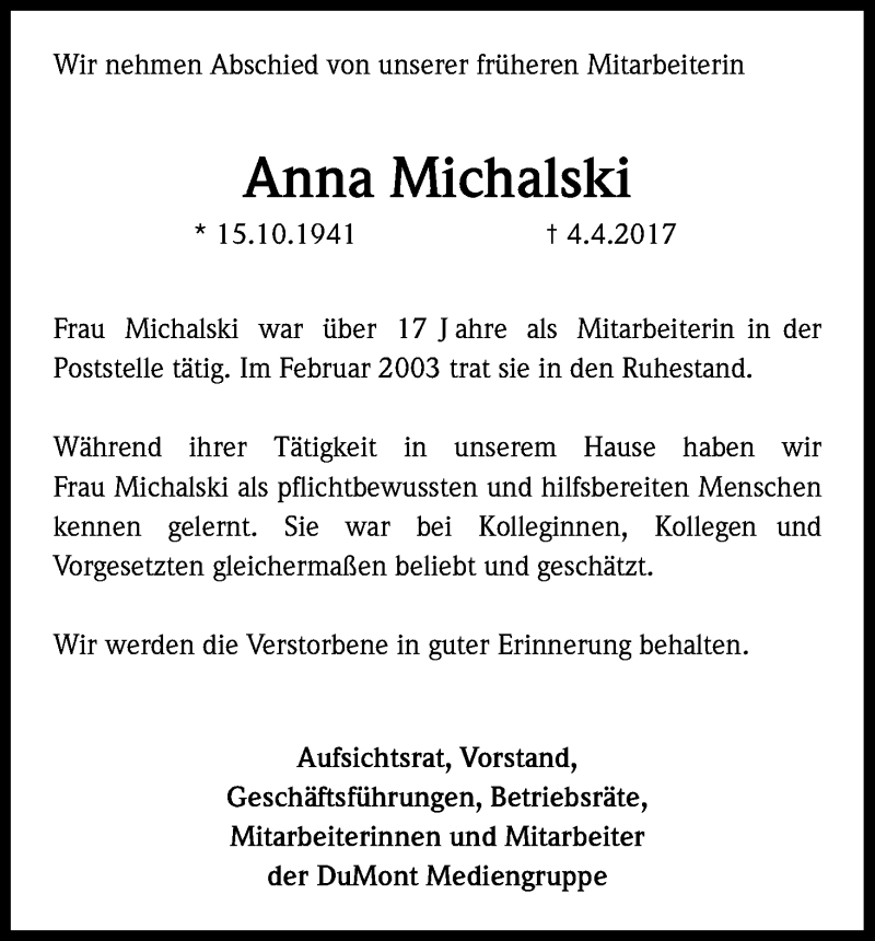  Traueranzeige für Annemie Michalski vom 08.04.2017 aus Kölner Stadt-Anzeiger / Kölnische Rundschau / Express