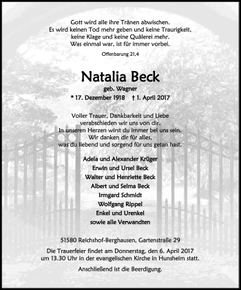Anzeige von Natalia Beck von Kölner Stadt-Anzeiger / Kölnische Rundschau / Express