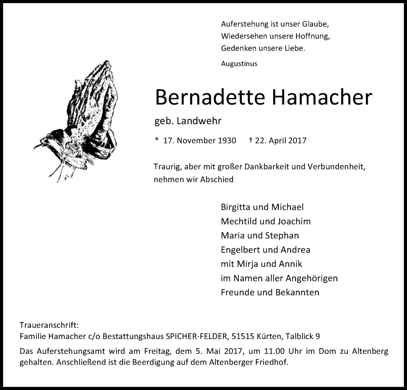  Traueranzeige für Bernadette Hamacher vom 29.04.2017 aus Kölner Stadt-Anzeiger / Kölnische Rundschau / Express