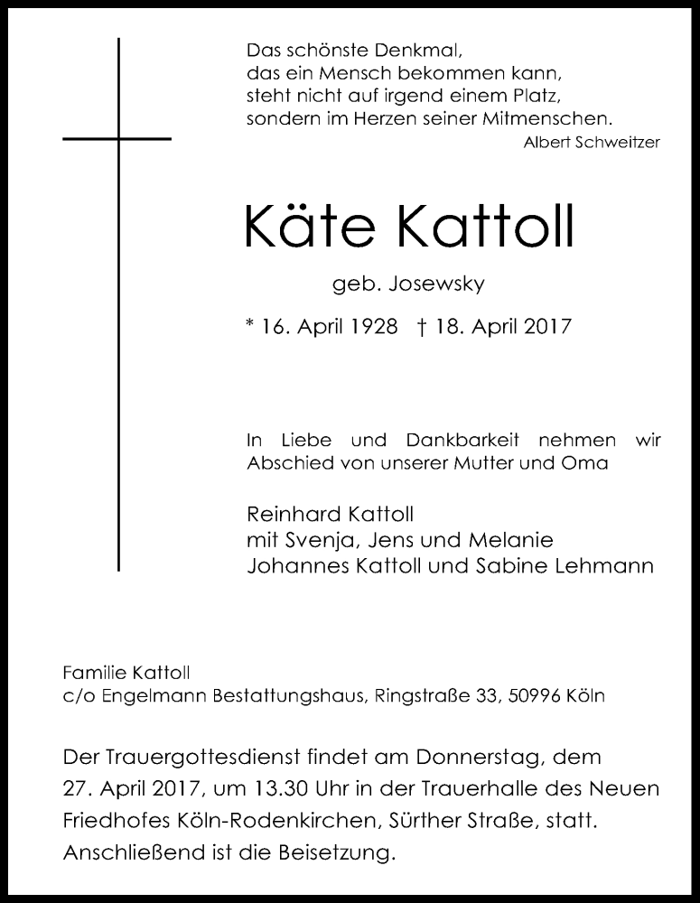  Traueranzeige für Käte Kattoll vom 24.04.2017 aus Kölner Stadt-Anzeiger / Kölnische Rundschau / Express