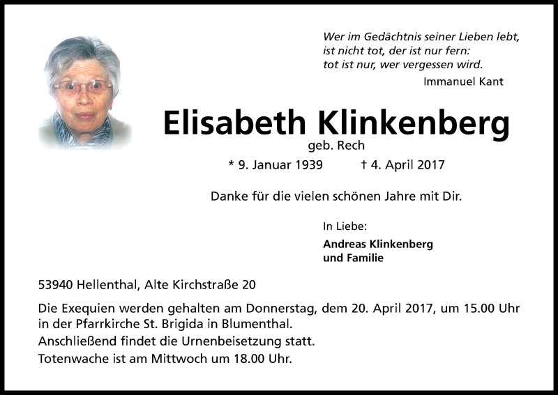  Traueranzeige für Elisabeth Klinkenberg vom 15.04.2017 aus Kölner Stadt-Anzeiger / Kölnische Rundschau / Express
