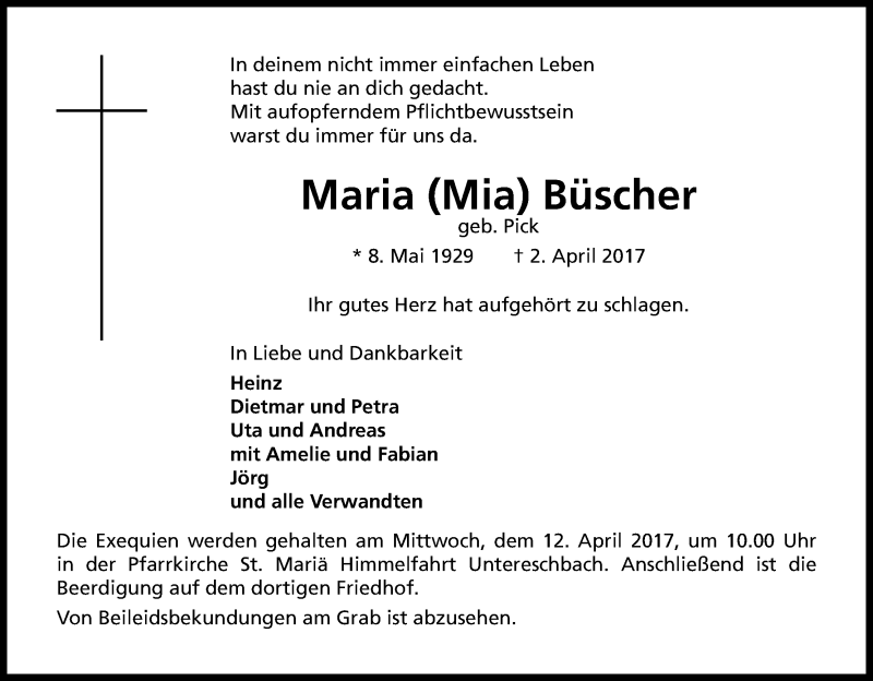  Traueranzeige für Maria Büscher vom 08.04.2017 aus Kölner Stadt-Anzeiger / Kölnische Rundschau / Express