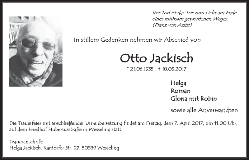  Traueranzeige für Otto Jackisch vom 05.04.2017 aus  Schlossbote/Werbekurier 