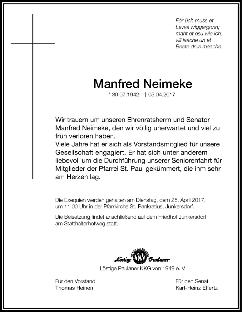  Traueranzeige für Manfred Neimeke vom 22.04.2017 aus Kölner Stadt-Anzeiger / Kölnische Rundschau / Express
