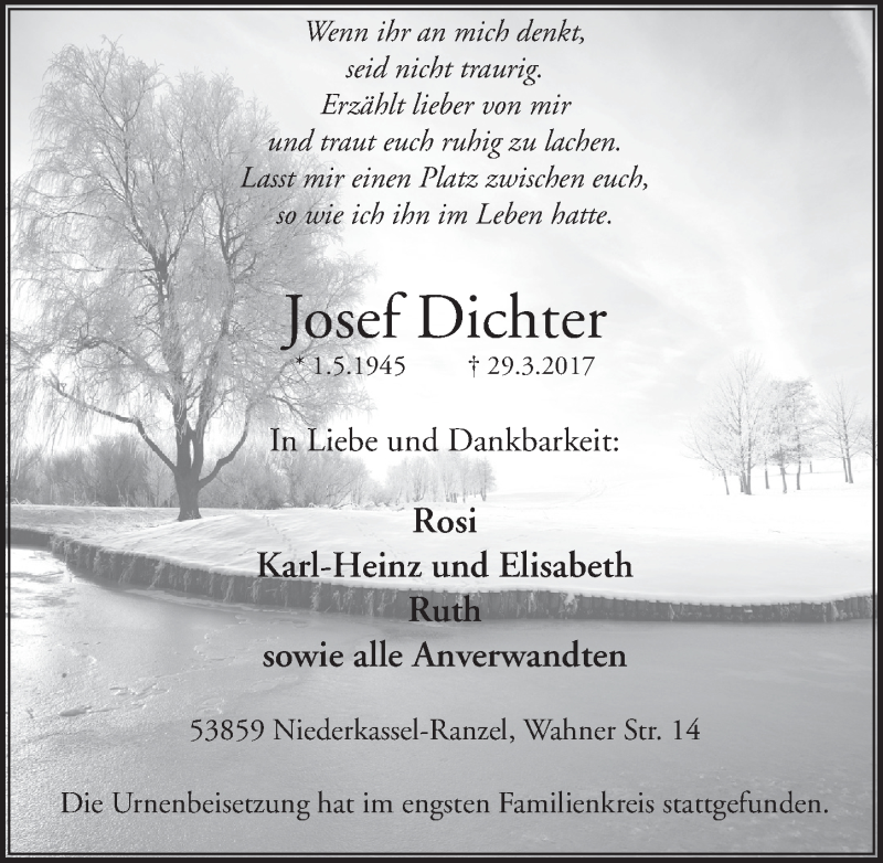  Traueranzeige für Josef Dichter vom 12.04.2017 aus  Extra Blatt 