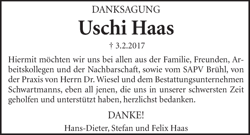  Traueranzeige für Uschi Haas vom 12.04.2017 aus  Schlossbote/Werbekurier 