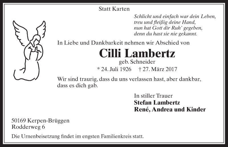  Traueranzeige für Cilli Lambertz vom 05.04.2017 aus  Werbepost 