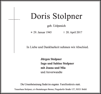 Anzeige von Doris Stolpner von  Schlossbote/Werbekurier 