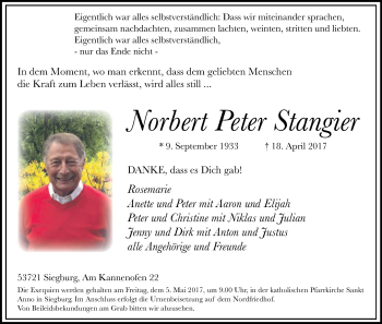 Anzeige von Norbert Peter Stangier von Kölner Stadt-Anzeiger / Kölnische Rundschau / Express