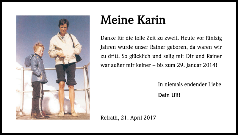  Traueranzeige für Karin  vom 21.04.2017 aus Kölner Stadt-Anzeiger / Kölnische Rundschau / Express