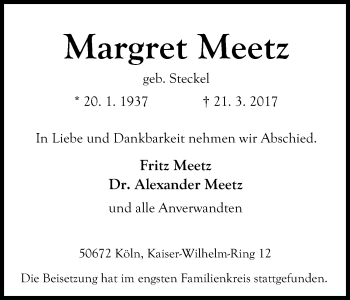 Anzeige von Margret Meetz von Kölner Stadt-Anzeiger / Kölnische Rundschau / Express