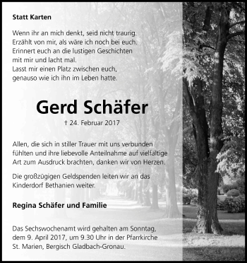 Anzeige von Gerd Schäfer von Kölner Stadt-Anzeiger / Kölnische Rundschau / Express