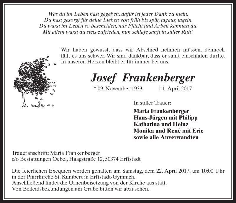  Traueranzeige für Josef Frankenberger vom 12.04.2017 aus  Werbepost 